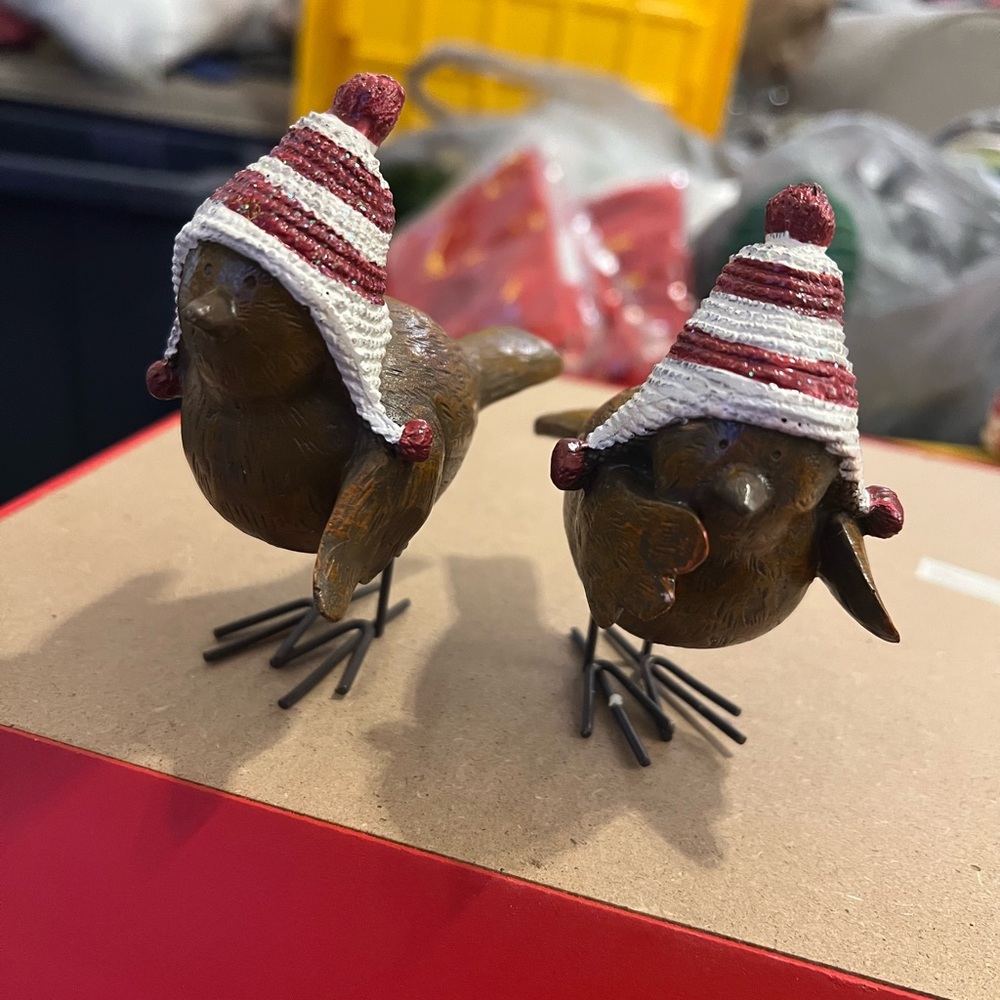 Set of 2 Brown Bird Figurines with Red and White Hats. Resin.